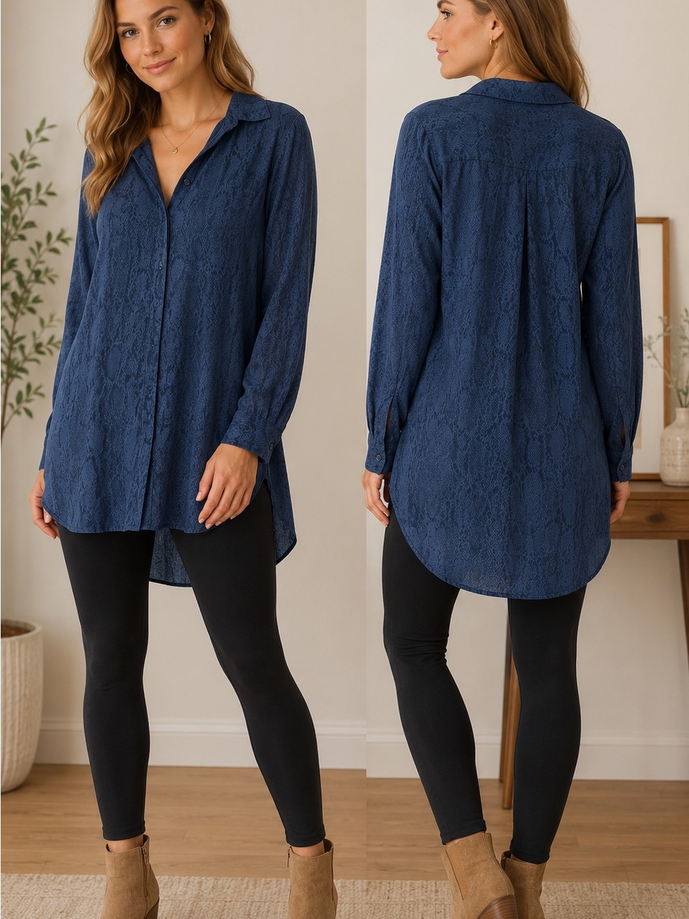 BCBGeneration Navy Snake Print Tunic Blouse XS